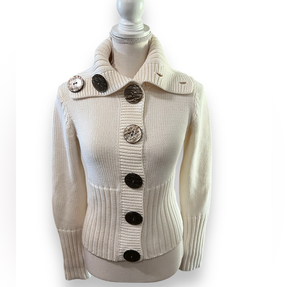 ACORN Sweater Cream Cardigan Button Front Sailor Collar Size Small